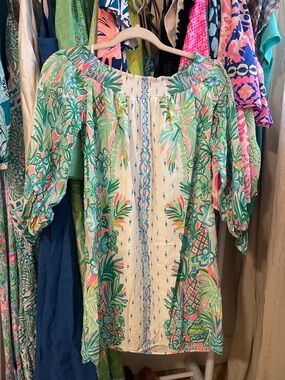 Lilly Pulitzer Tropical Off-Shoulder Dress in Green, Pink, Blue